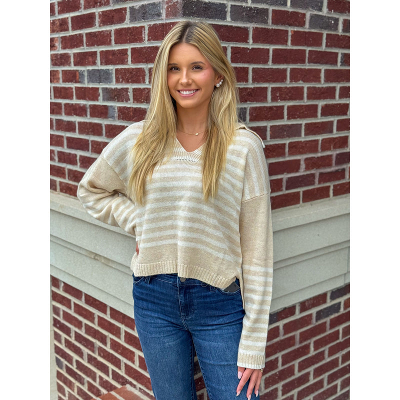 Elise Striped Shoulder Knit Sweater - Oatmeal