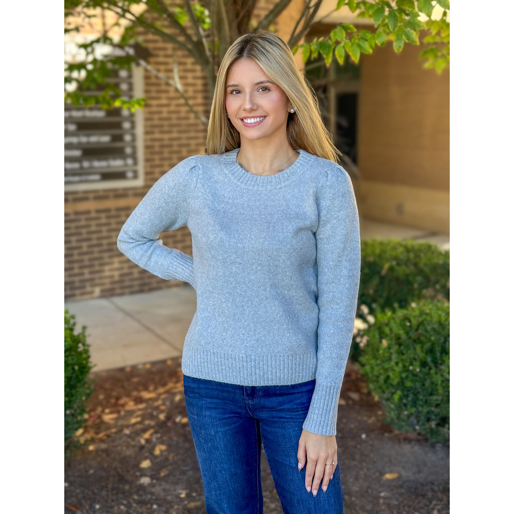 Lisa Long Puff Sleeve Crew Neck Sweater - Heather Grey