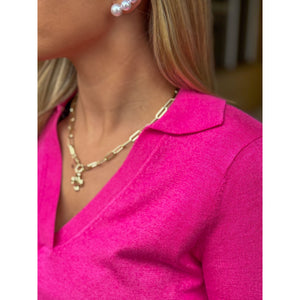 Alyssa Long Sleeve Polo Knit Top - Hot Pink