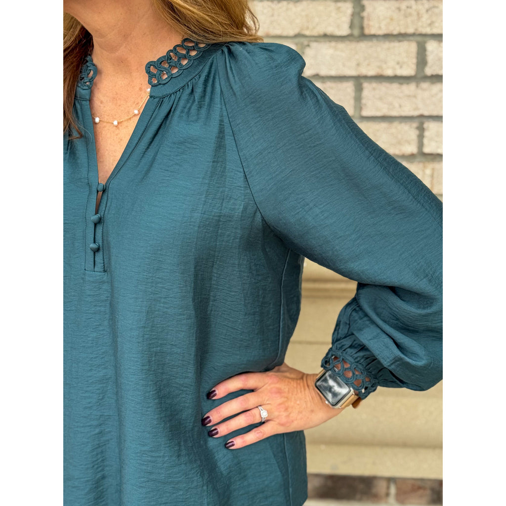 Krista Detail Binding Long Sleeve Blouse - Dark Teal