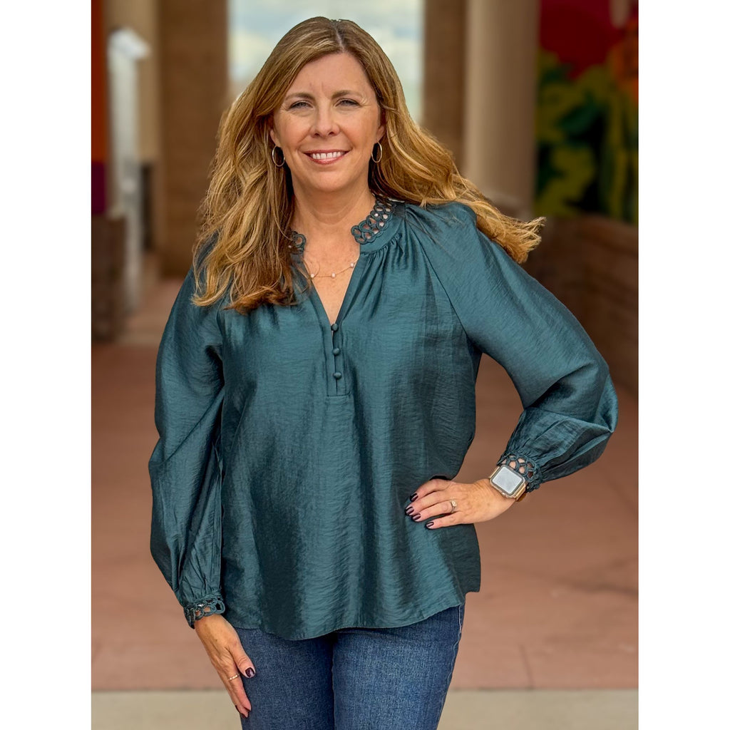 Krista Detail Binding Long Sleeve Blouse - Dark Teal