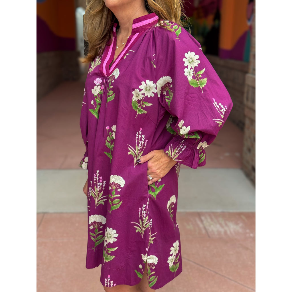 Polly Floral Tunic Dress with Contrast Trim - Plum Mix