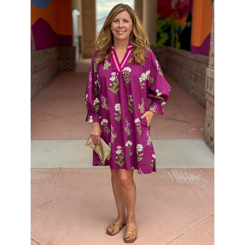 Polly Floral Tunic Dress with Contrast Trim - Plum Mix