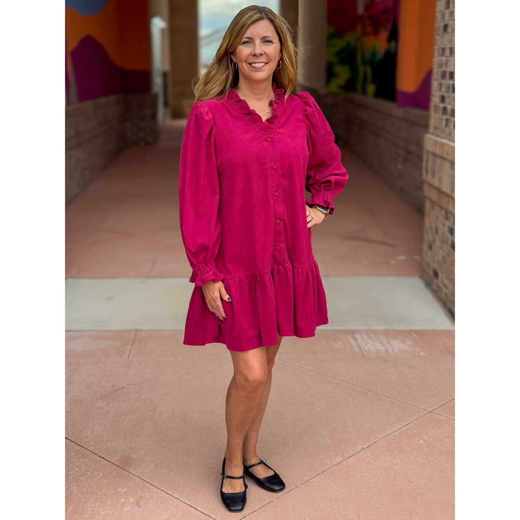 Carisse Corduroy Ruffle Trim Dress - Raspberry