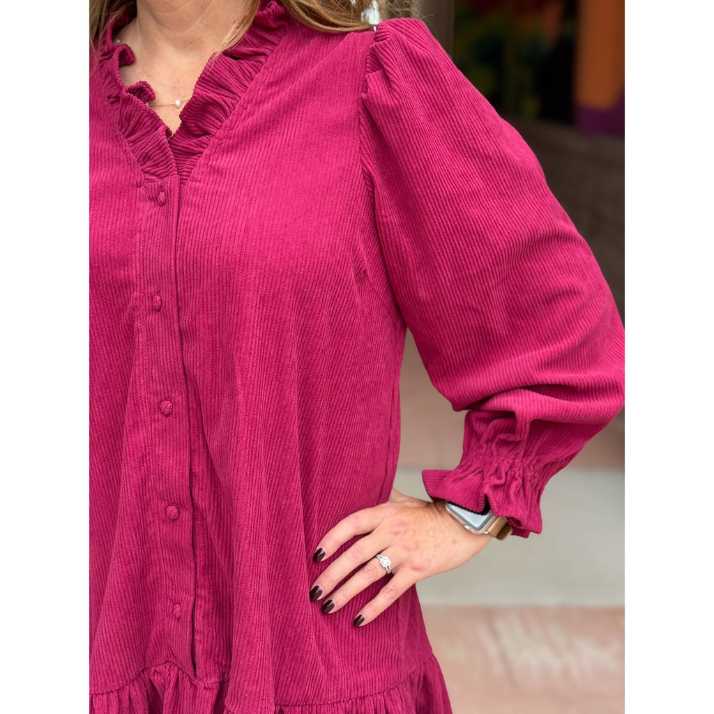 Carisse Corduroy Ruffle Trim Dress - Raspberry
