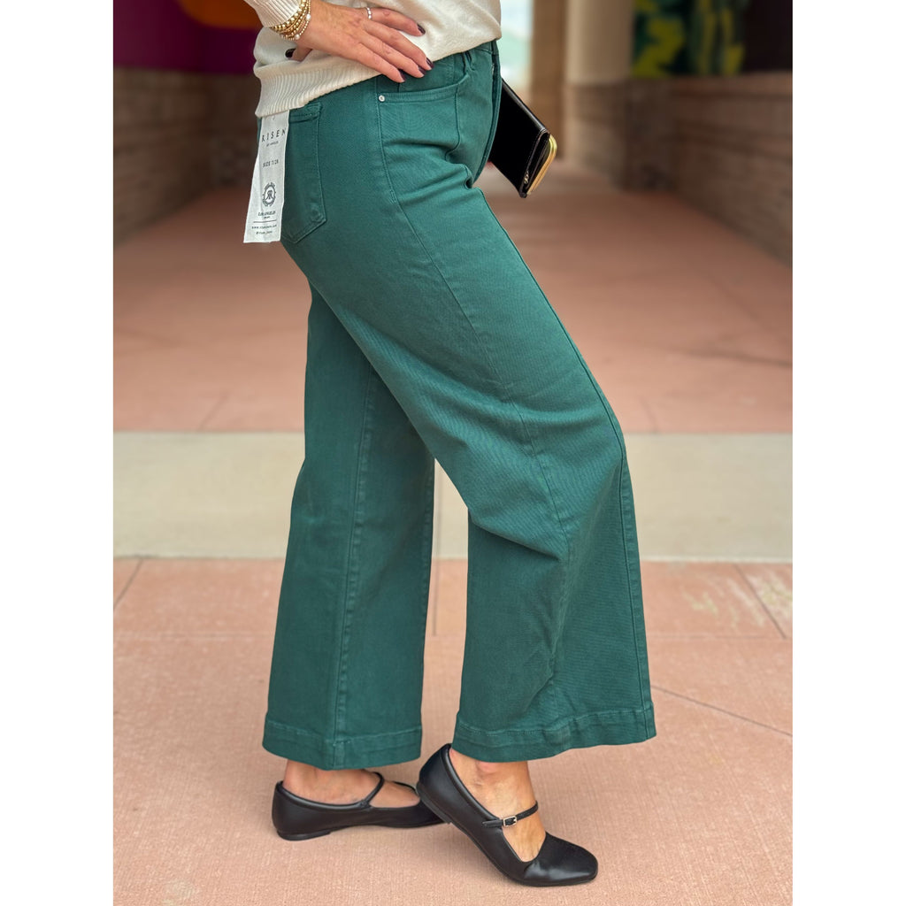 Risen Tummy Control High Rise Wide Leg Crop Jeans - Hunter Green