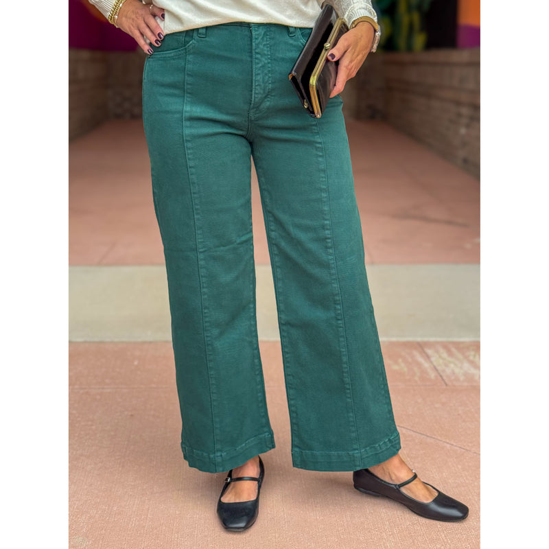 Risen Tummy Control High Rise Wide Leg Crop Jeans - Hunter Green