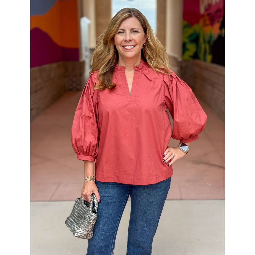 Tracey Ruffled Mock Neck Poplin Blouse - Rust