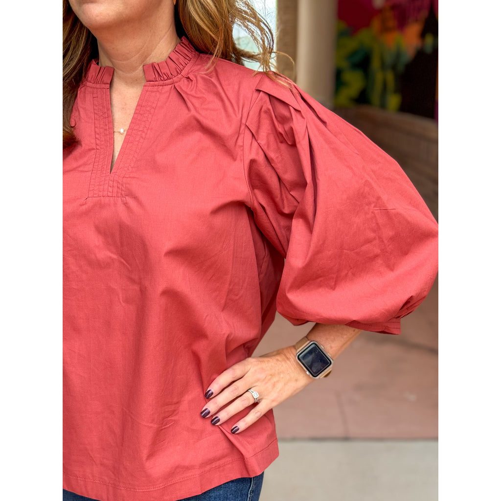 Tracey Ruffled Mock Neck Poplin Blouse - Rust