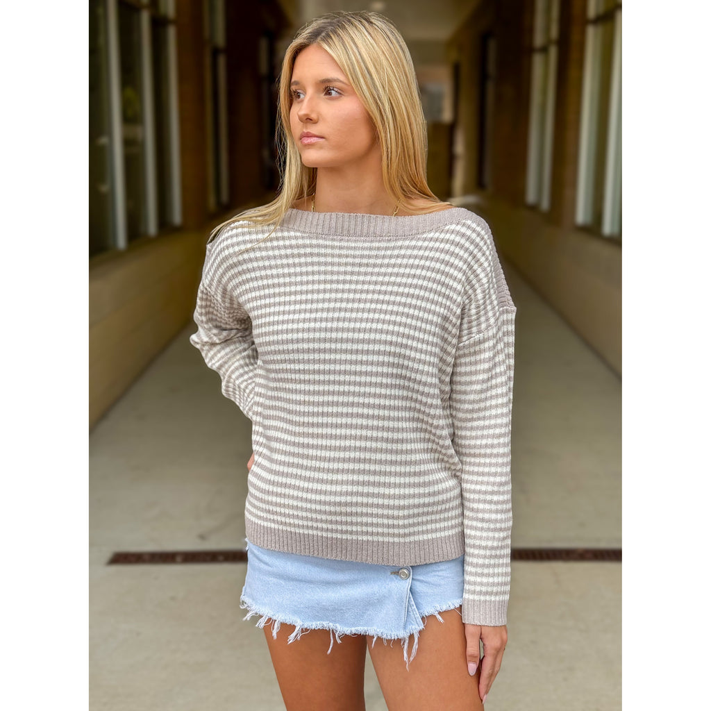 Dallas Striped Boat Neck Pullover Sweater - Oatmeal