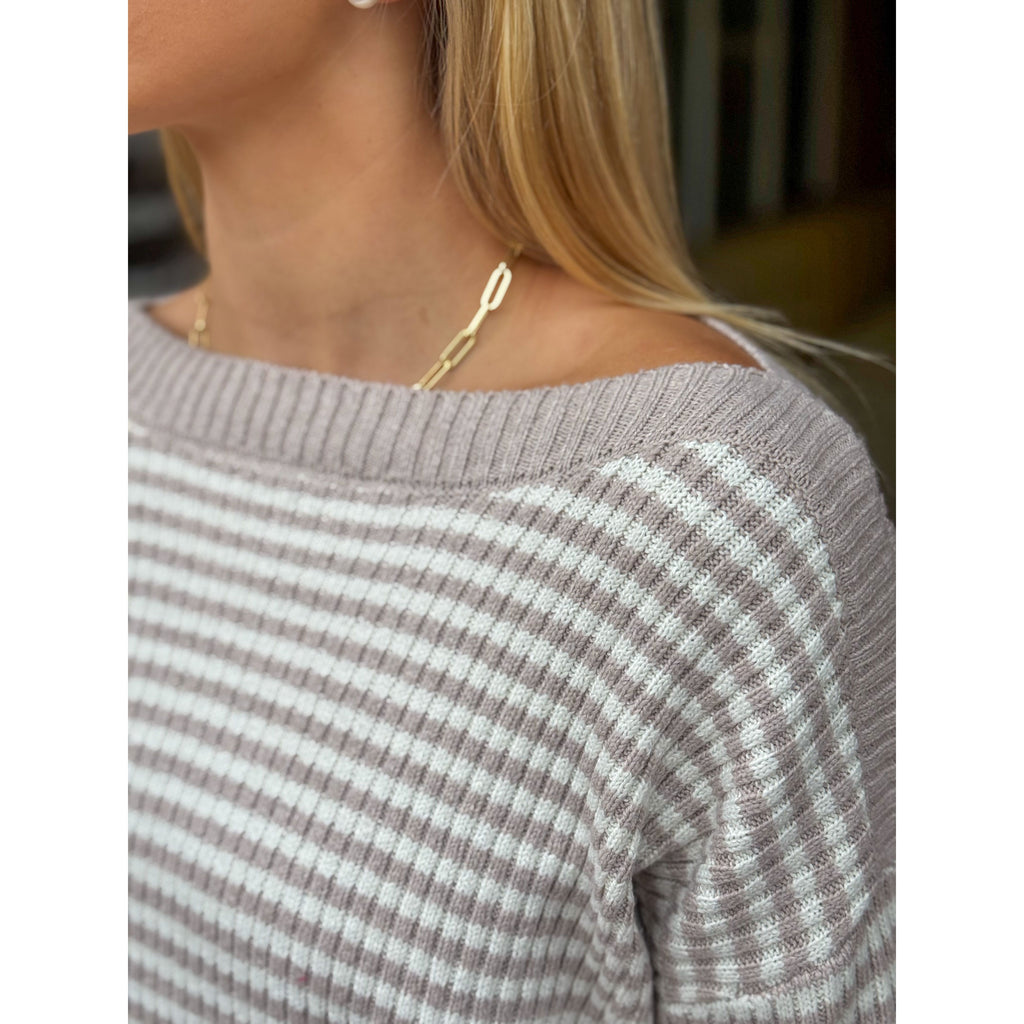 Dallas Striped Boat Neck Pullover Sweater - Oatmeal