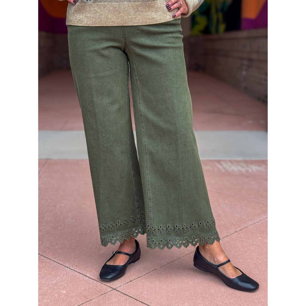 Harriet Floral Hem High Waist Crop Jeans - Olive