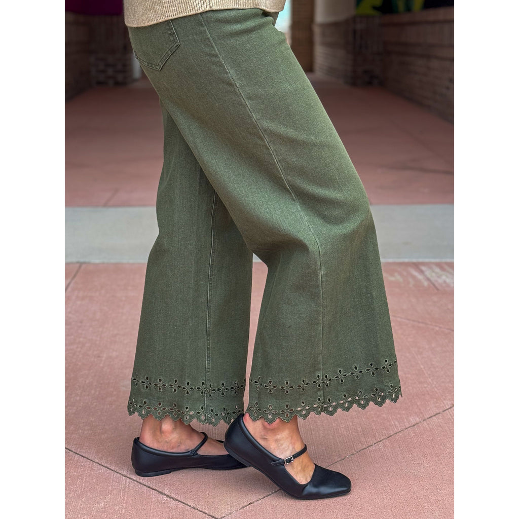 Harriet Floral Hem High Waist Crop Jeans - Olive