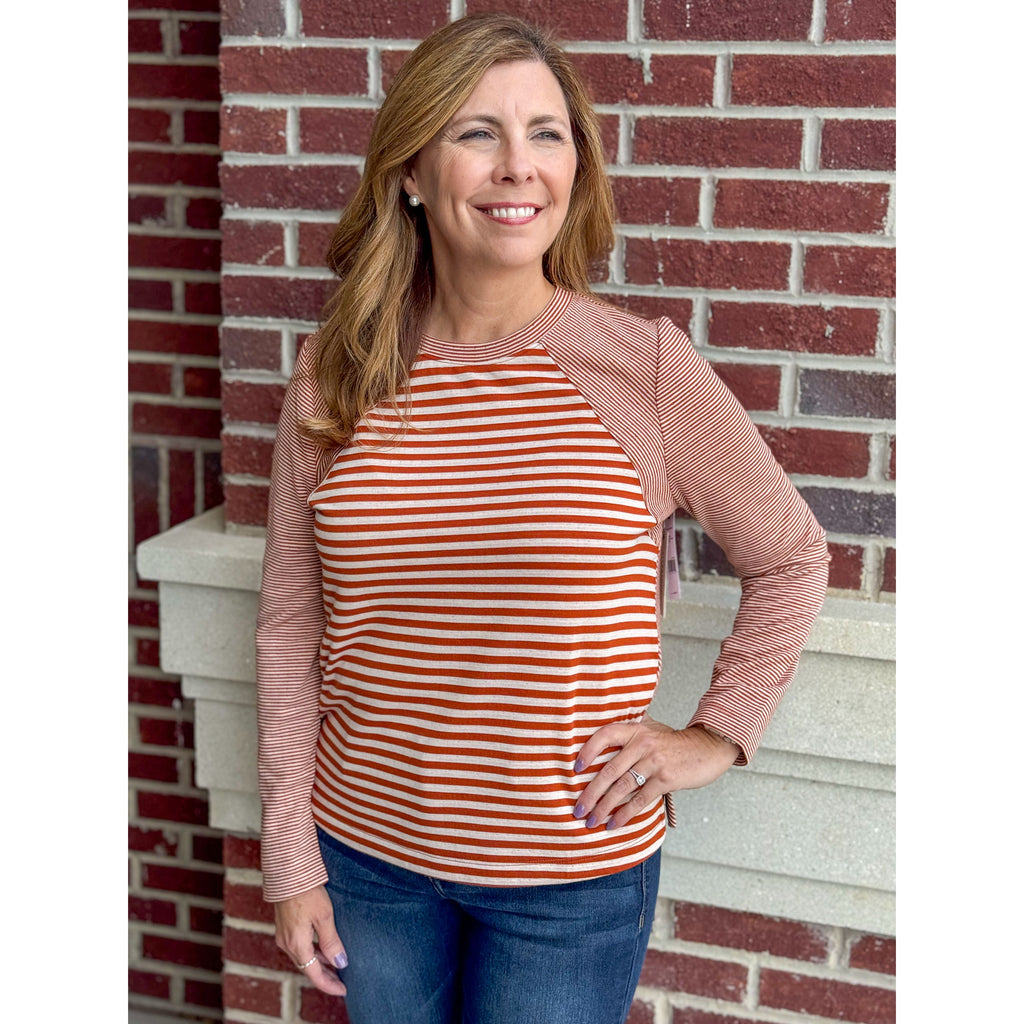 Liverpool Los Angeles Long Sleeve Crew Neck Knit Top With Seaming - Ginger Spice/Cream Stripe