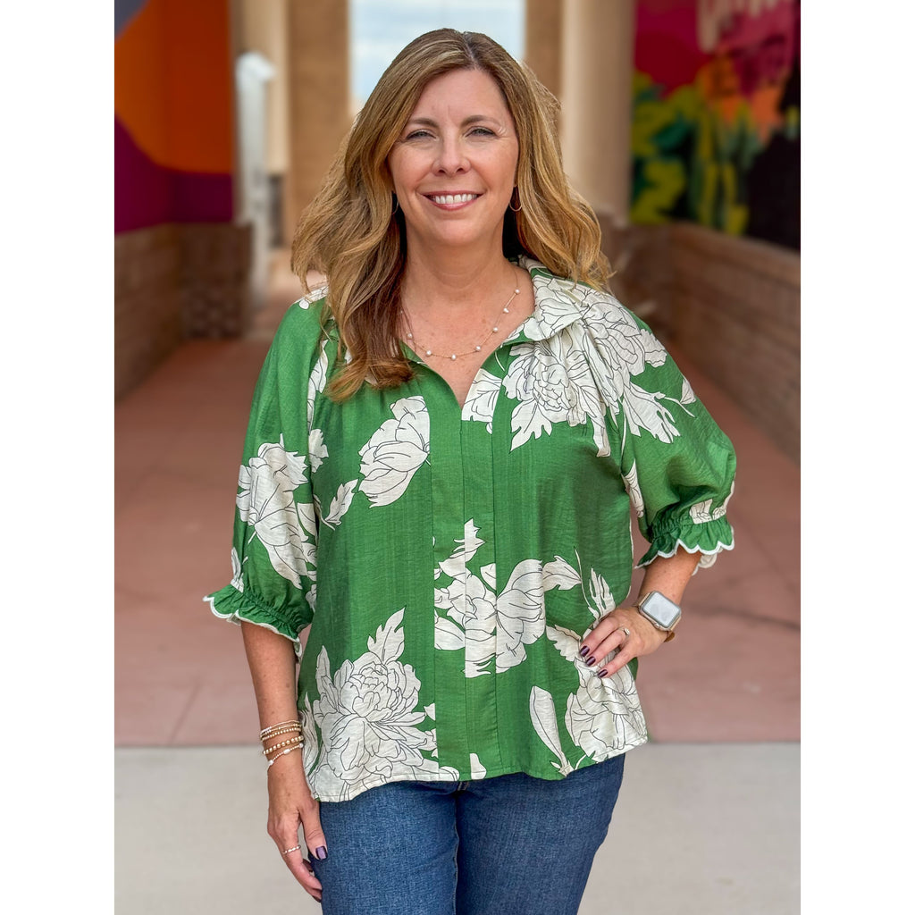 Morgan Peony Print High Neck Top - Green