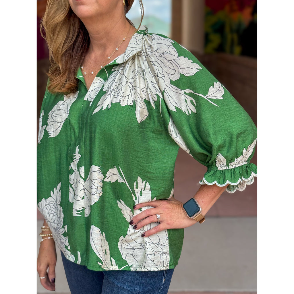 Morgan Peony Print High Neck Top - Green