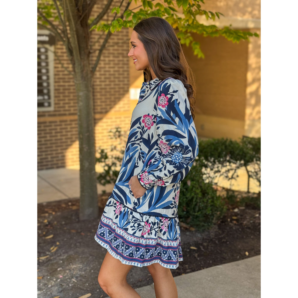 Kasey Long Sleeved Floral Mini Dress - Navy
