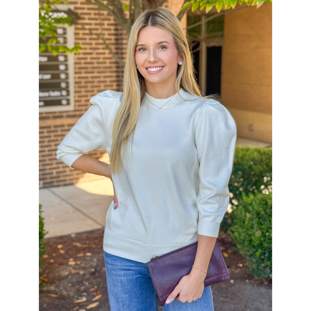 Sandra Puff Sleeve Knit Sweater - Off White