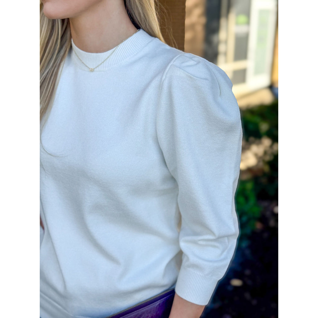 Sandra Puff Sleeve Knit Sweater - Off White