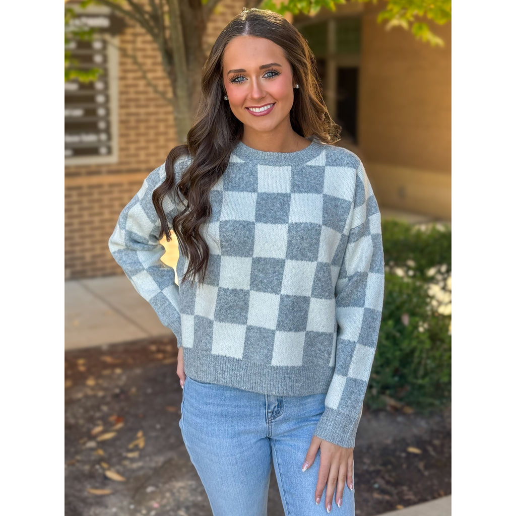 Diane Checkered Cozy Knit Sweater - Grey