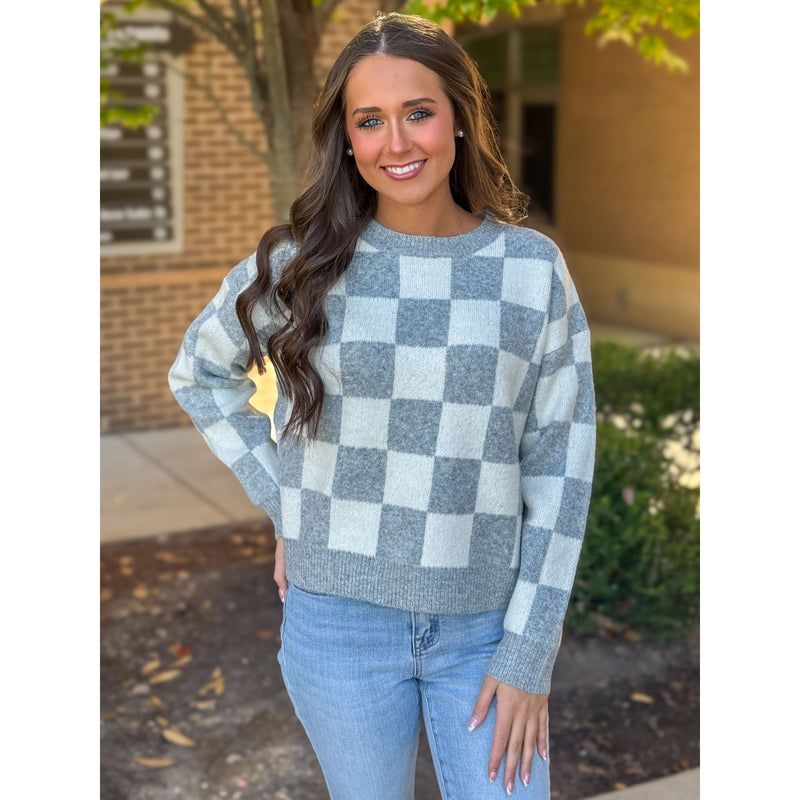 Diane Checkered Cozy Knit Sweater - Grey