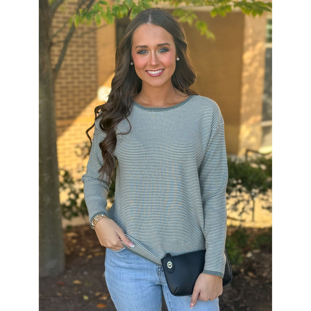 Lillie Waffle Textured Pinstripe Long Sleeve Sweater - Dark Sage