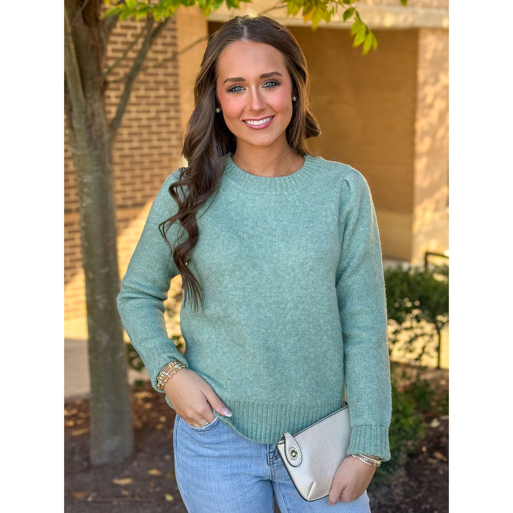 Lisa Long Puff Sleeve Crew Neck Sweater - Sage