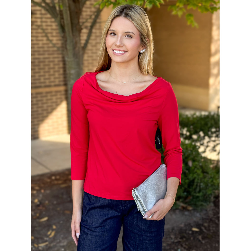 Liverpool Los Angeles 3/4 Sleeve Draped Neck Knit Top - Tango Red