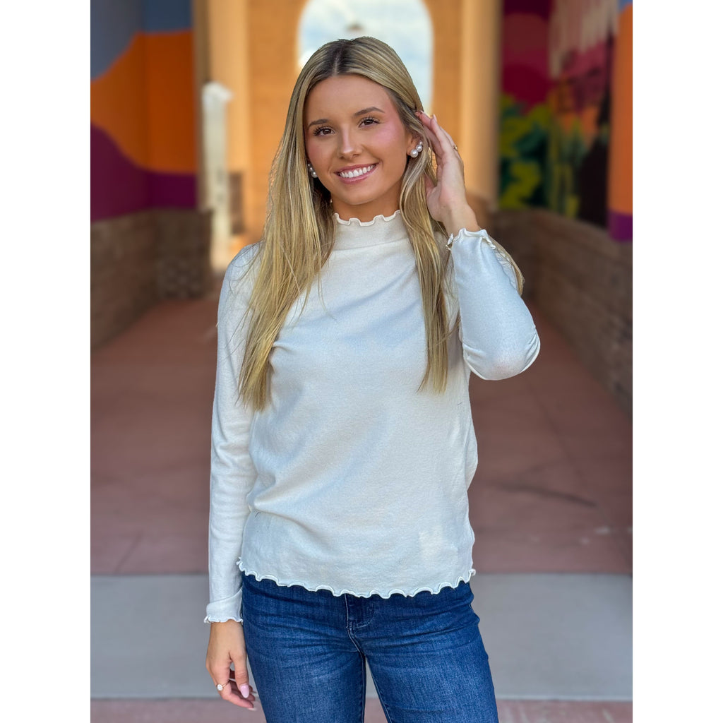 Hillary Lettuce Edge Turtleneck Pullover Sweater - Ivory