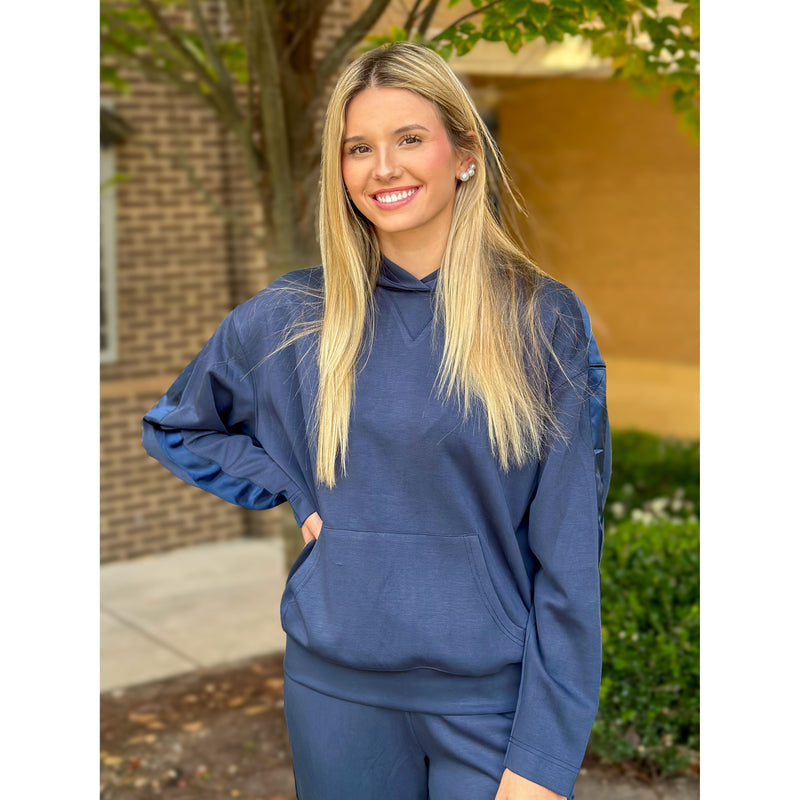 Alden Contrast Satin Trim Detail Hooded Sweatshirt - Navy