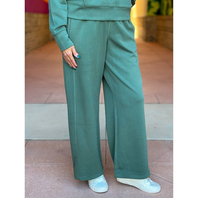 Monica Luxe Sand Wash Rib Wide-leg Pants - Eldergreen