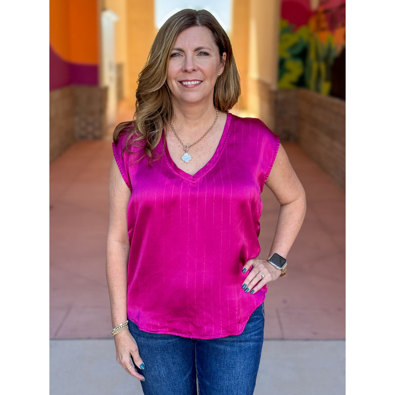 Dear John Yanis V Neck Striped Satin Top - Beaujolais