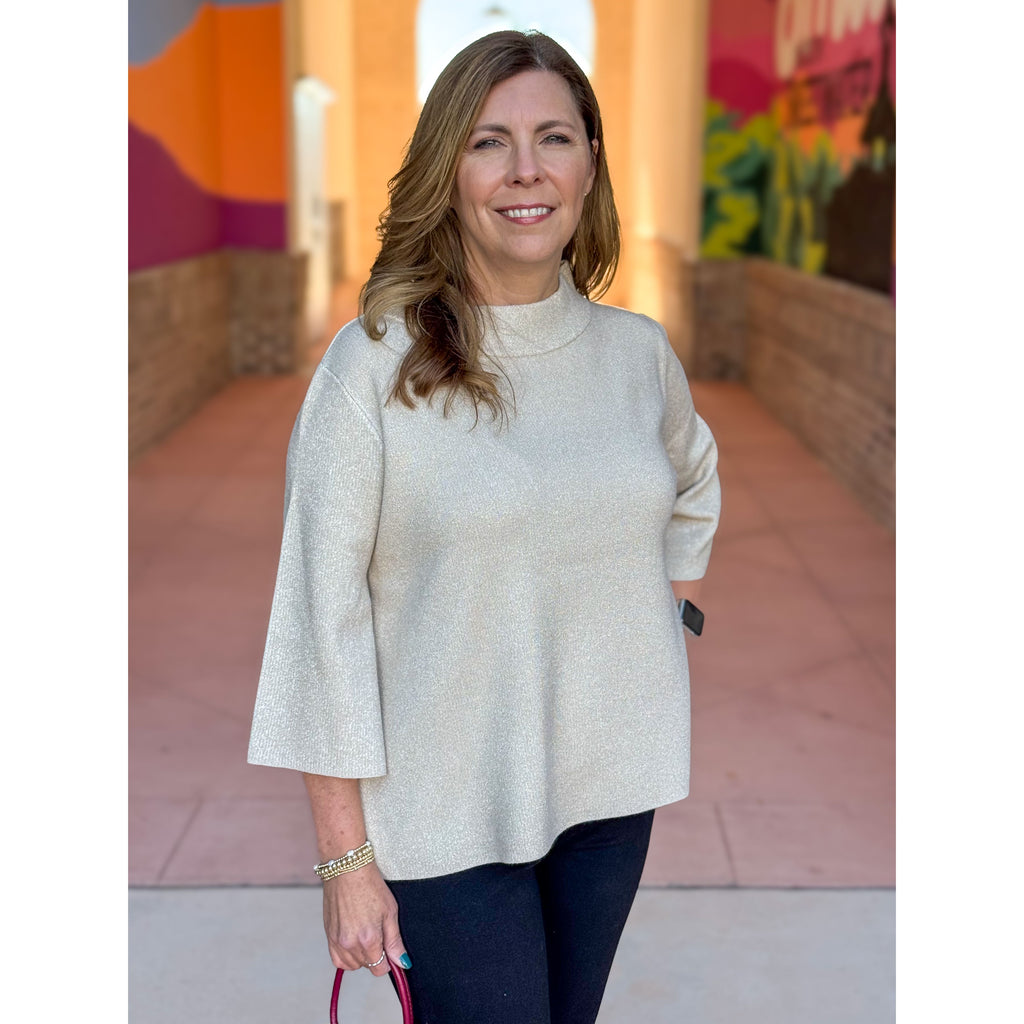 Angelina Metallic Mock Neck Bell Sleeve Sweater - Cream Gold