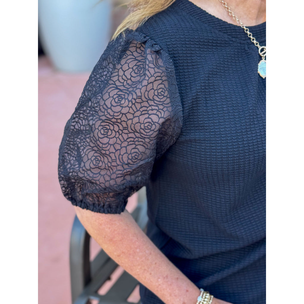 Olivia Floral Organza Puff Sleeve Waffle Knit Top - Black