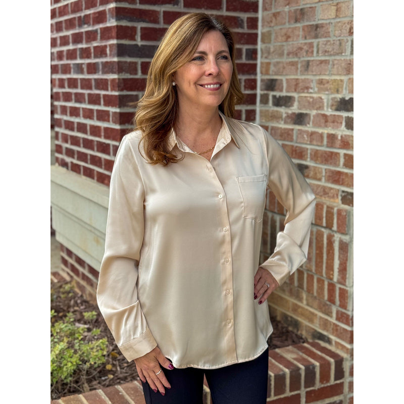 Lynn Button Down Satin Blouse - Oatmilk