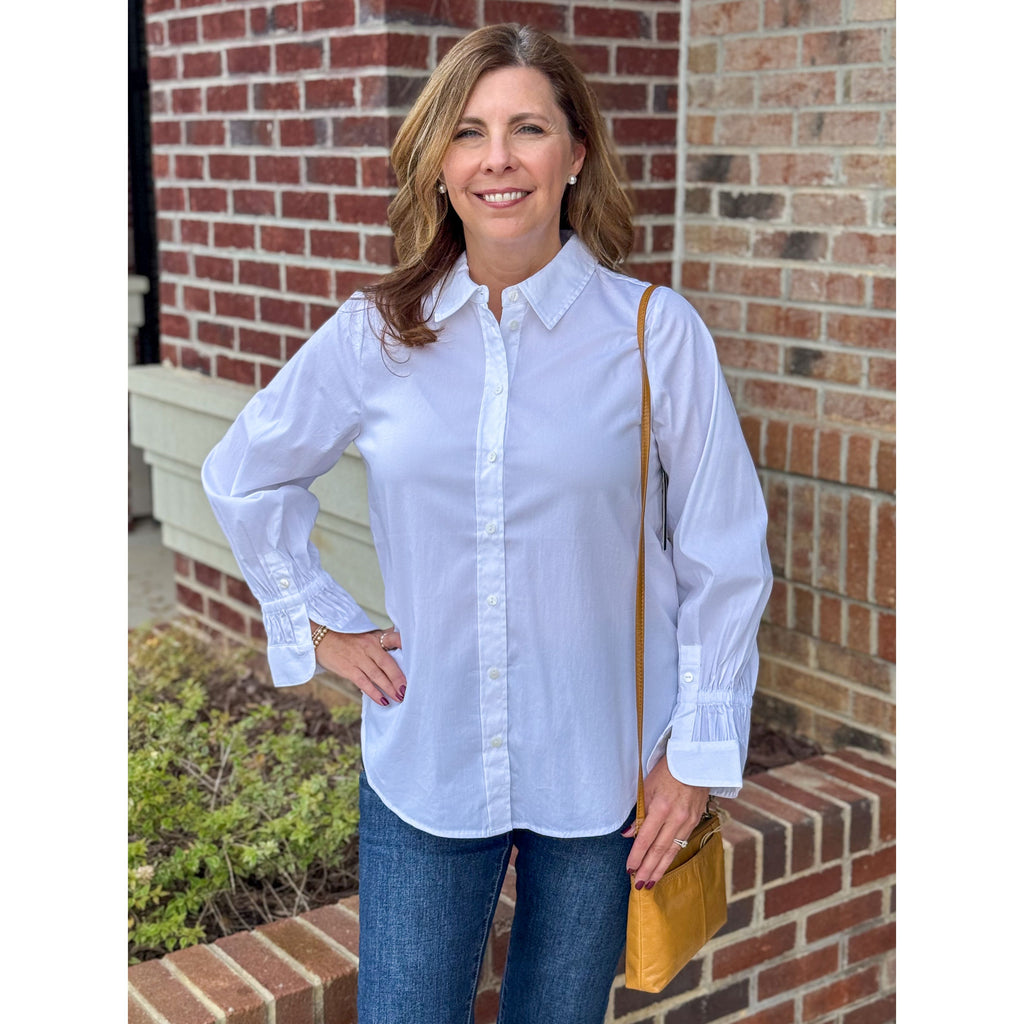 Liverpool Los Angeles Adjustable Sleeve Button Front Top - White