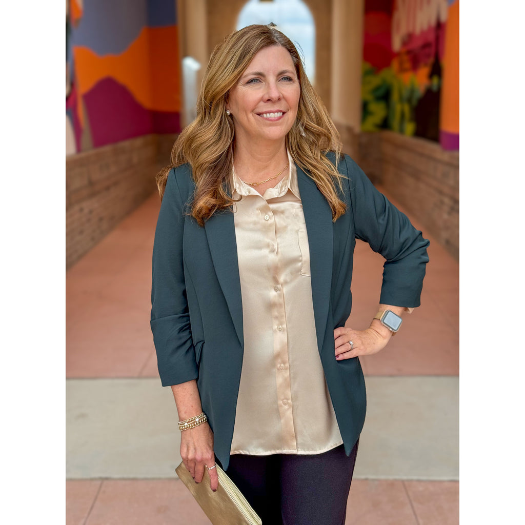 Felicia Recycled Shirred Sleeve Blazer - Forest Green