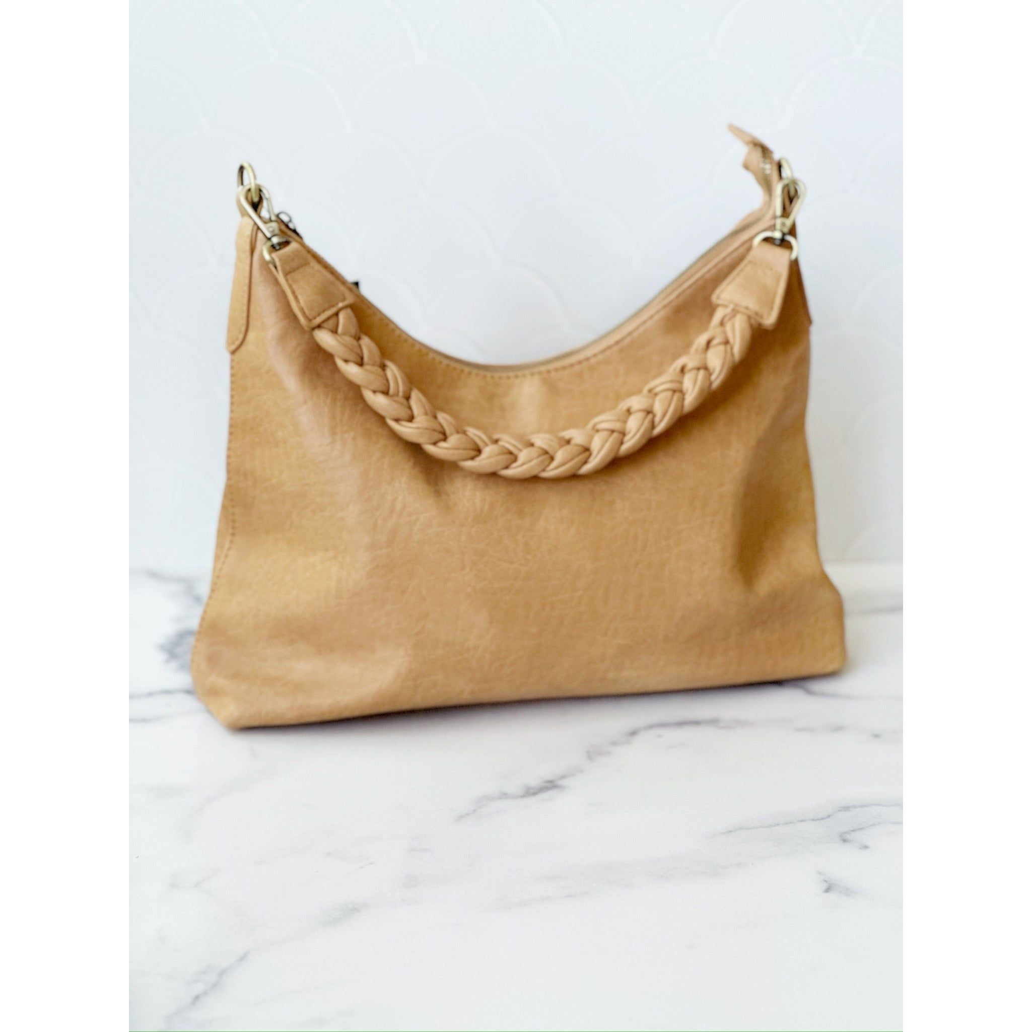 Selene Slouchy Hobo Handbag w/Braided Handle - Camel – Bless Your