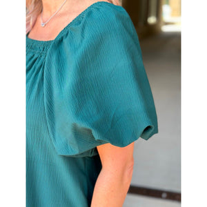 Cara Textured Puff Sleeve Mini Dress - Hunter Green