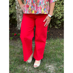 Emaline High-Waisted Wide Leg Pants with Front Pockets - Red