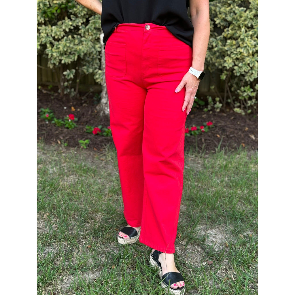 Emaline High-Waisted Wide Leg Pants with Front Pockets - Red - FINAL SALE