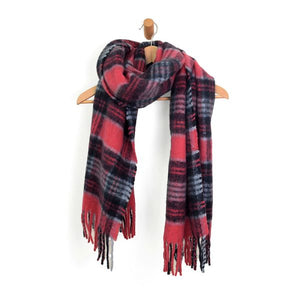 Magenta Tartan Plaid Fringe Scarf