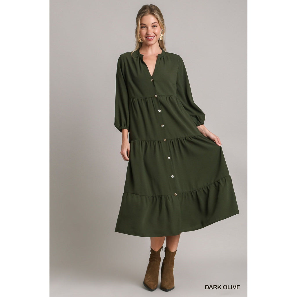 Cameron Tiered Button Down Dress - Dark Olive