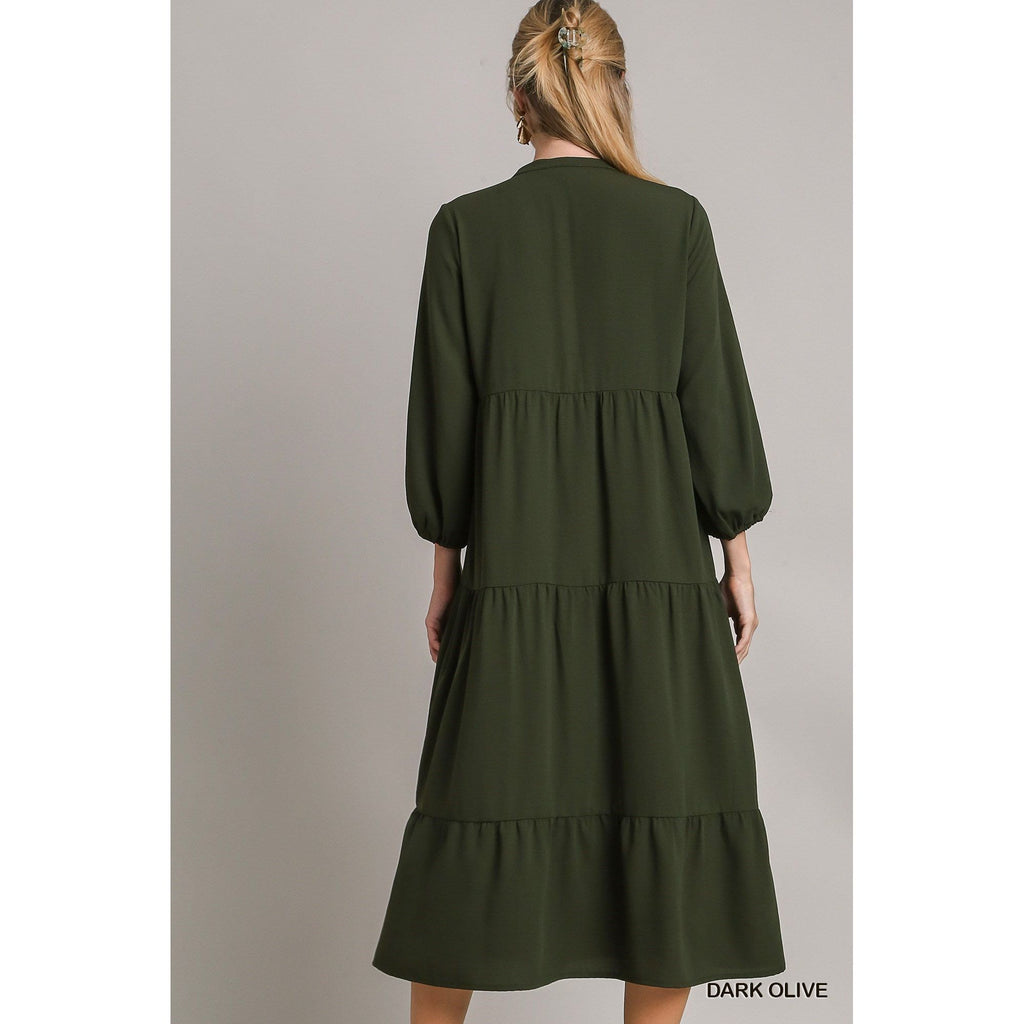 Cameron Tiered Button Down Dress - Dark Olive