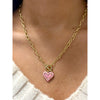 KENDRA SCOTT ARI HEART ENAMEL FRAME LINK AND CHAIN NECKLACE GOLD PINK IRIDESCENT GLITTER GLASS