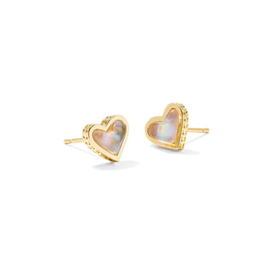 KENDRA SCOTT FRAMED ARI HEART STUD EARRINGS GOLD IRIDESCENT ABALONE