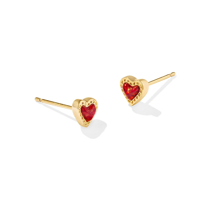 KENDRA SCOTT MINI ARI HEART STUD EARRINGS GOLD RED KYOCERA OPAL