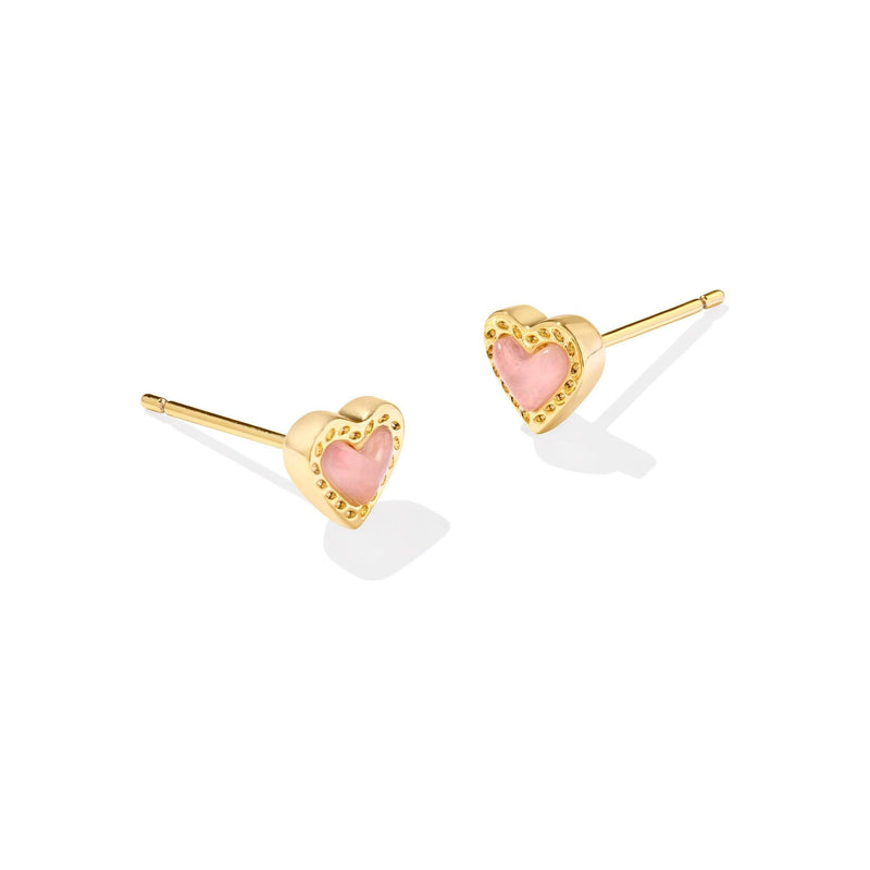 KENDRA SCOTT MINI ARI HEART STUD EARRINGS GOLD ROSE QUARTZ