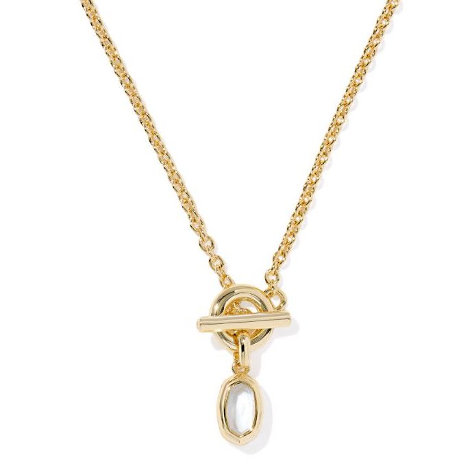 Gold necklace with a pendant on a white background