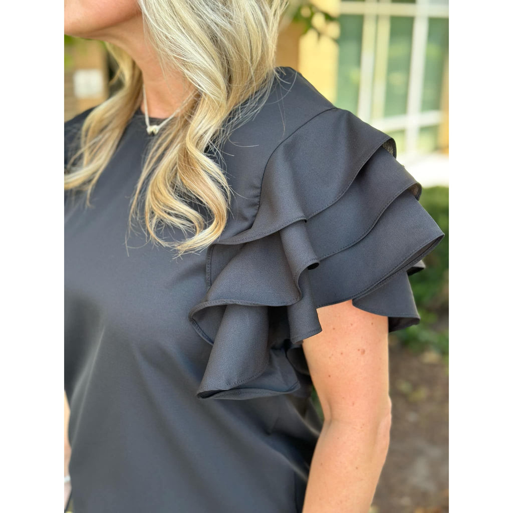 Kacey Tiered Ruffle Flutter Sleeve Blouse - Black